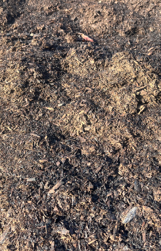 Dark, nutrient-rich compost mulch with fine texture, used to enrich soil, retain moisture, and promote healthy plant growth in gardens and landscapes